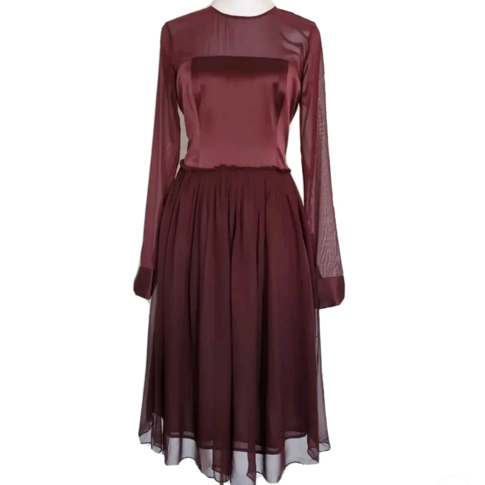 NWT $758.00 Worth Women's Dress 100% Silk Fit And Flare Midi Burgundy 4 Small
